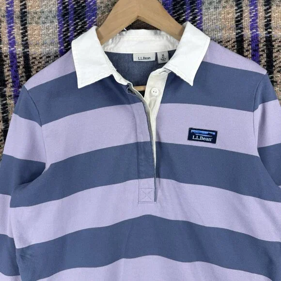 L.L. Bean Mens Polo Rugby Long Sleeve Blue Striped Size Medium Collard Shirt - Picture 4 of 7